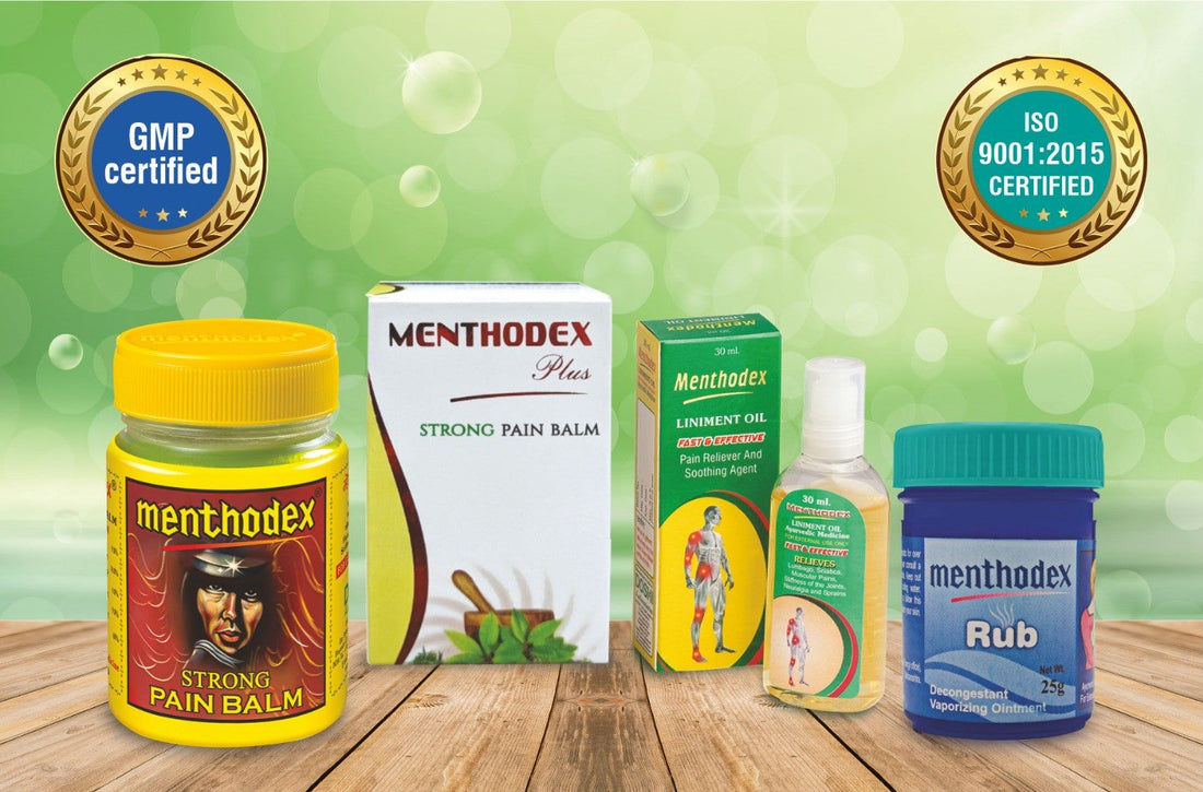 Comparison of Menthodex pain relief products by Doshi Laboratories, showing when to use for targeted pain relief, muscle massage, everyday soreness, and relief for children above 2 years