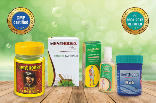 Comparison of Menthodex pain relief products by Doshi Laboratories, showing when to use for targeted pain relief, muscle massage, everyday soreness, and relief for children above 2 years